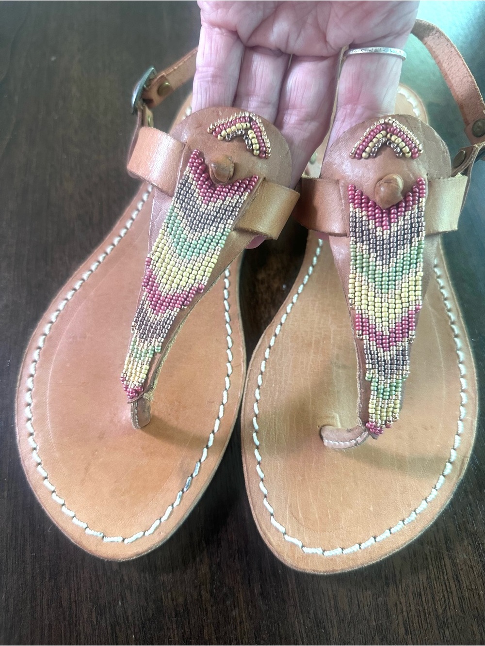 Free People Laidback London Tan Beaded T Strap Sandals 38 7 NWT